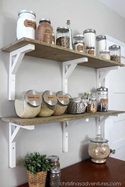 wooden open pantry shelving